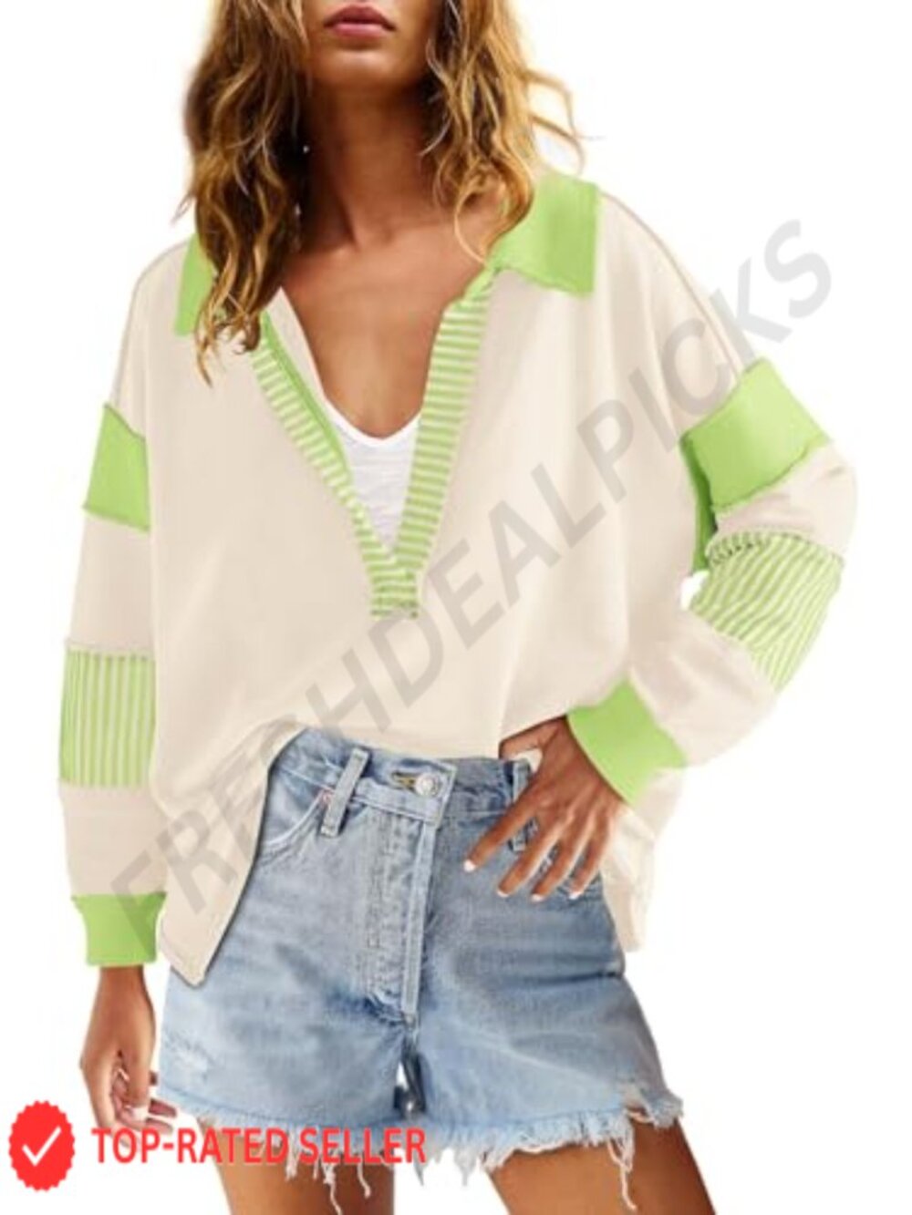 Women's Striped Oversized Tunic Polo Sweatshirt